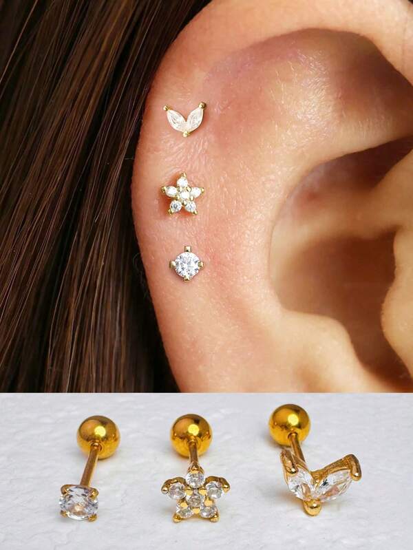 3 Stücke Edelstahl Pferde Auge Zirkonia Blumen Knorpel Piercing Ohrstecker für Frauen, 14 Karat Goldplattierte Marquise CZ Flachkopf Barbell Ohrstecker für Helix Tragus Lobe Daith Klassisches Piercing Schmuck