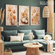 2 PIEZAS/3 PIEZAS Impresiones de decoración de otoño, arte imprimible de hojas de otoño de estilo granja, impresión digital de calabaza de otoño pintura acuarela, arte de pared de otoño