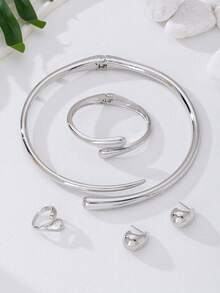 1 Set Fashionable Elegant High-End Geometric Alloy Bracelet, Ring, Necklace, Earrings Jewelry Set For Women, Suitable For Festivals, Parties, Dates, An Elegant Gift For Girlfriend - Gold - View 7