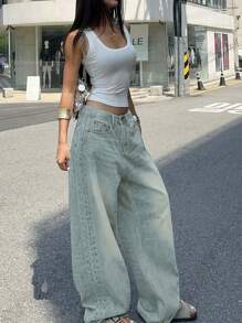 Vintage Washed Blue Straight Leg Jeans, American Loose Fit Wide Leg Full Length Casual Jeans For Women, Fashionable Spring/Summer Outfit - Washed Old Blue - View 8