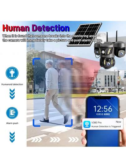 SWVW 15MP WiFi Solar IP Camera CCTV Triple Lens Screen PTZ Auto Tracking Curious Security Surveillance V380 Pro Camera, Outdoor Indoor Home Cameras, Wireless Ring ,None Cameras,CCTV Cameras,Pet ,Smart Automatic Tracking, Alarm Night Vision view 10