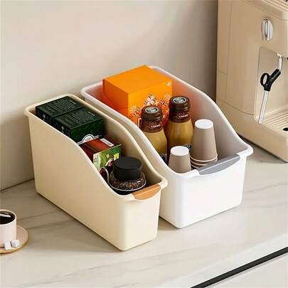 2 piezas Juego de cajas de almacenamiento de plástico de uso múltiple, diseño curvo adecuado para la organización del hogar, excelente para productos de limpieza, artículos esenciales del hogar, contenedores de almacenamiento, cestas, contenedores de organización del hogar, adecuado para cestas de almacenamiento inclinadas, organizadores, uso en el hogar y dormitorio