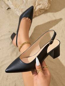 Women's Pointed Toe Chunky Heel Suede Pumps With Back Strap, Breathable Closed Toe High Heel Slingbacks For Summer - Black - View 1