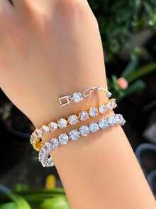 1pc 6mm Round Cubic Zirconia Purple Pink Classic Tennis Chain Bracelet For Women, Engagement, Wedding, Pageant, Bridal Party Jewelry Gift - Luxury Design - View 4