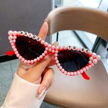 1Pc Women New Full Frame Cat Eye Shaped Fashion Glasses Stylish White Glasses With Faux Pearls Fashion 'Birthday Queen' Letter Frame Multicolor Chic Suitable Birthday Parties And Shows For Summer Beach Vacation,Outdoor,Travel Preppy Style For Back To School