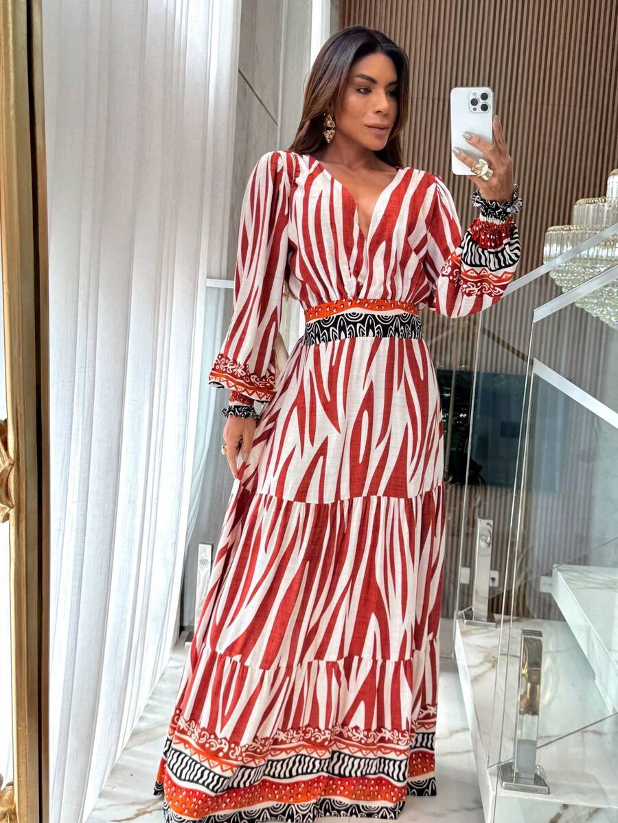 Women's Evangelical Dress With Long Sleeves In Viscose Fabric, Autumn/Winter - Red and White - View 1
