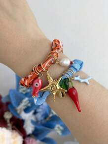 1 pieza Pulsera bohemia de estilo oceánico, creativa, de moda, de lujo elegante, de acero de titanio fino con forma de estrella de mar, delfín, concha, pez de cerámica y piedra natural irregular trenzada, como regalo para dama, hermana, pareja, para uso diario, citas, fiestas, vacaciones, verano, playa, de tamaño ajustable
