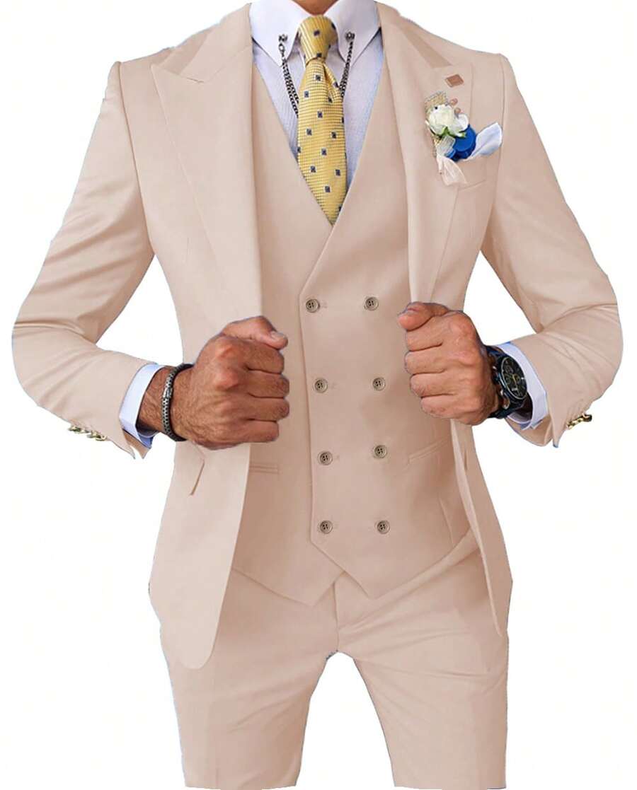 Three Pieces Mens Suit Formal Business Wedding Prom Suit Male Groom, Blazer+Vest+Pant, Slim Fit Tuxedo For Homecoming, Double Breasted, Long - Màu be - Xem 1