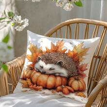 1pc Autumn Hedgehog Sleeping On Pumpkin Decorative Pillow Cover, Single-Sided Printed Peach Velvet, 45*45CM/18*18inch, Suitable For Room Decor, Modern Minimalist Sofa Living Room Decor Gift