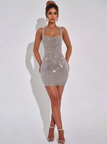 Fashion Sparkling Rhinestone Solid Color Halter Women's Sensual Backless Sleeveless Dress Birthday Party