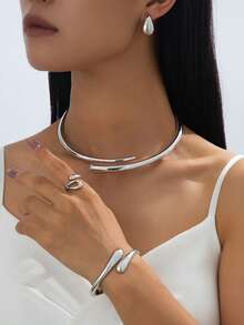 1 Set Fashionable Elegant High-End Geometric Alloy Bracelet, Ring, Necklace, Earrings Jewelry Set For Women, Suitable For Festivals, Parties, Dates, An Elegant Gift For Girlfriend - Gold - View 3