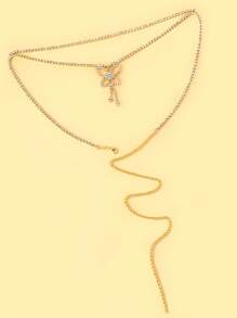 1pc Fashionable Sexy Silver Double-Layer Butterfly Waist Chain, Rhinestone Tassel Hollow Beach Waist Chain - Gold - View 3