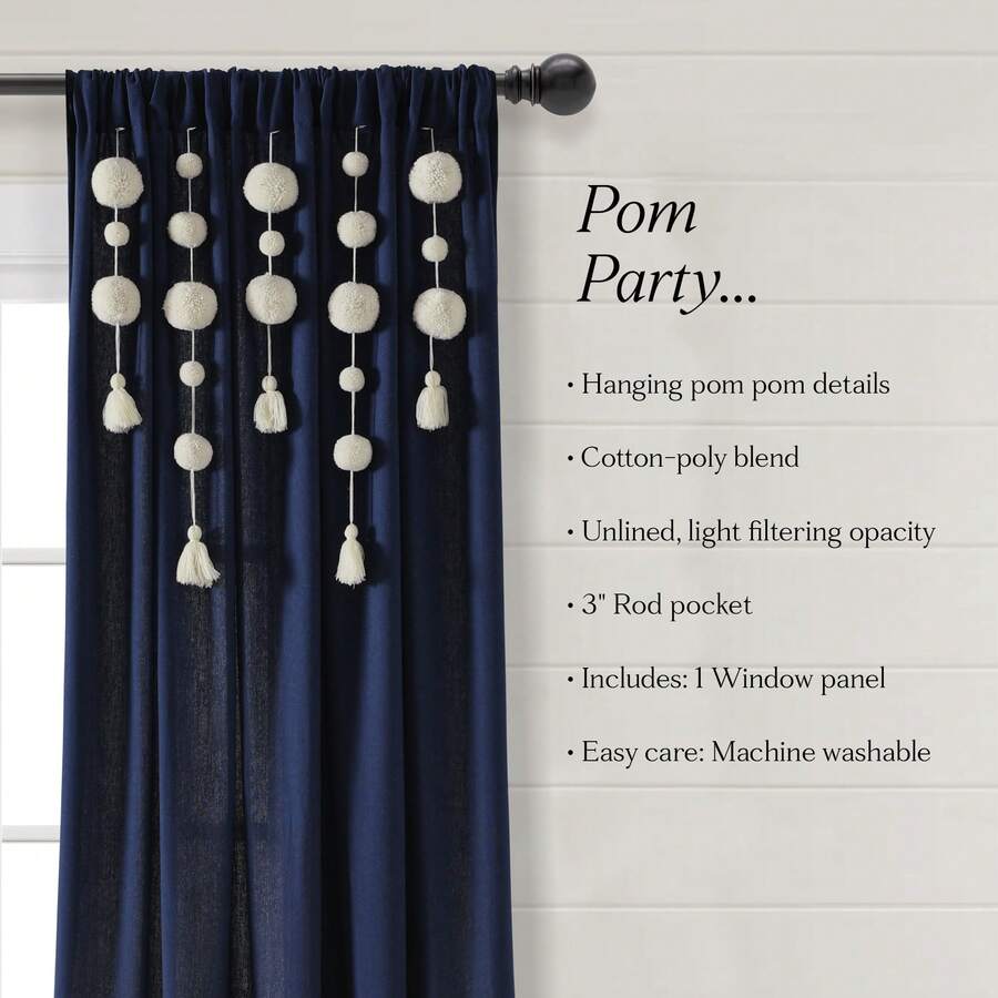 LUSH DECOR Boho Pom Pom Tassel Linen Window Curtain Panel Navy Single 52X84 Halloween-Fall Decor-Room Decor - Hải quân - Xem 1
