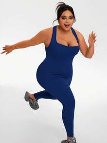 Plus Size Women Seamless High Elasticity Workout Jumpsuit, Criss-Cross Backless Sexy Spaghetti Strap, Outdoor Fitness Yoga Suit, Solid Color, Slim Fit, Daily Wear - Navy Blue - View 3