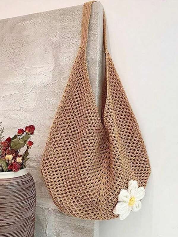 Hollow Out Weave Straw Bag Bohemian Beach Handbag Hollow Tote Bag Large Capacity Shopping Beach Bag Fashion Hollow Out Weave Straw Bag Beach Handbag Bohemian Style Beach Bag Slouchy Style Large Capacity Hollow Tote Bag Vacation