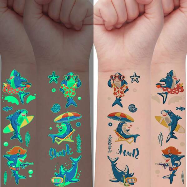 5Sheets Glow-In-The-Dark Tattoo Stickers That Shine In The Dark, Featuring 48 Cute Cartoon Shark Designs For Temporary Tattoos. Fun Artistic Fake Tattoo Stickers That Are Waterproof And Last For 2-5 Days, Making Them Perfect Gifts For Birthday And Holiday Parties