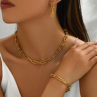 3件套U型马蹄形吊坠项链、手链和耳环，不褪色，欧美时尚风格