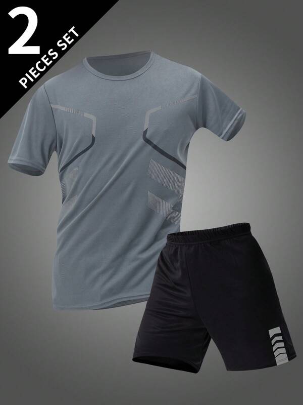 Conjunto de 2 peças de roupa masculina de verão de manga curta, camiseta esportiva casual com gola redonda e shorts