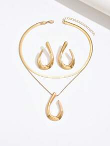 2pcs/Set European & American Style Elegant Necklace & Earrings Jewelry Set, Fashion Minimalist Metal Geometric Asymmetrical U-Shaped Pendant Flat Snake Chain Double Layer Necklace, Suitable For Daily, Travel, Celebration - Golden - View 4