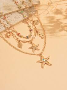 3pcs/Set Bohemian Style Colorful Crystal Butterfly, Daisy, Marine Life Pendant Necklace, Embedded Colorful Crystals, Asymmetrical Starfish Decor, Fashion Jewelry For Women, Suitable For Daily Wear, Vacation, Date, Party