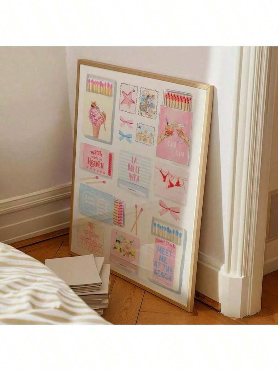 1 幅 Coastal Matchbox 粉彩墙面艺术画复古火柴盒帆布印刷画复古粉色火柴海报美学装饰适用于卧室、客厅、宿舍公寓墙壁装饰，无框