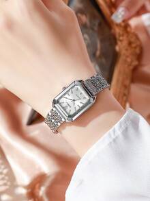 1 pieza Reloj de pulsera de cuarzo elegante para mujer, con correa de acero, esfera cuadrada, estilo clásico de lujo (1 pieza/set), caja de reloj no incluida