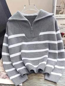女式拉链条纹针织毛衣，秋冬季百搭打底衫 - 灰色 - 查看 1