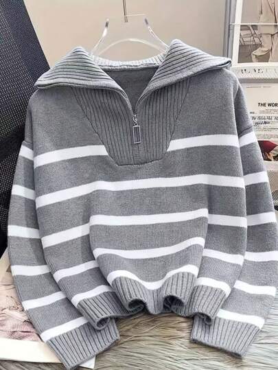 Pull tricoté à rayures avec fermeture éclair pour femmes, couche de base polyvalente pour l'automne et l'hiver
