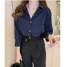 Blusa de nicho femenina de primavera retro estilo Hong Kong camisa a rayas blancas diseño de camisa ligeramente cocida y apilada camisa - Azul oscuro - Ver 3