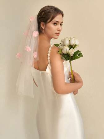 1 pièce Voile court à double couche avec décor floral rose, doux et mignon, convient pour la photographie des femmes, cadeau d'anniversaire, accessoire de robe, imprimé floral en nylon décontracté