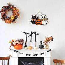 1Pc Halloween Door Decor Wooden Hanging Plaque Sign Pumpkin Ghost Boo Black Cat Welcome Sign For Trick Or Treat Party Indoor Outdoor Porch Wall, Halloween Home Wall Art Decorations For Halloween Farmhouse Kitchen Home Office