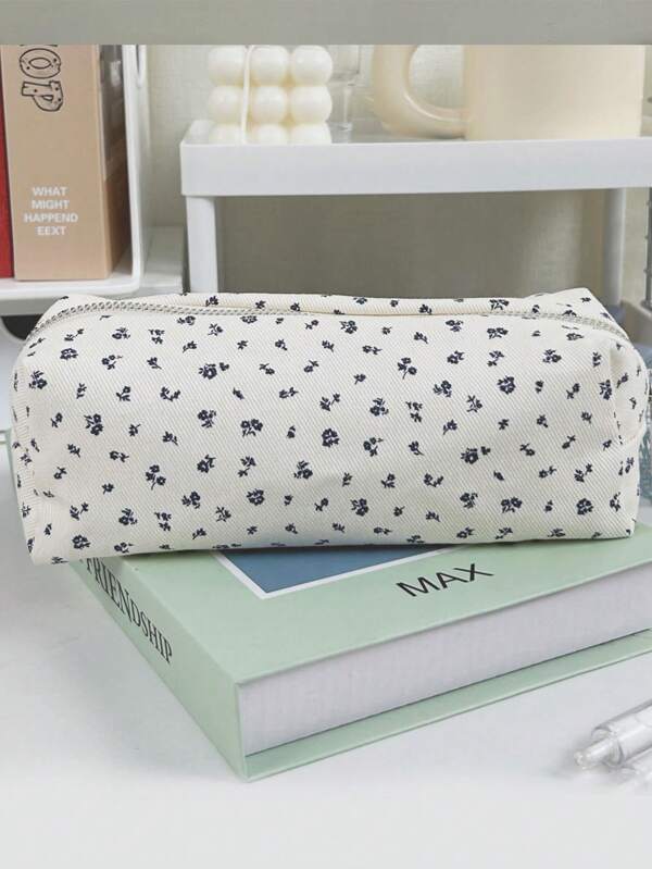 1 New High-End Purple Rose And Daisy Floral Canvas Pencil Case, Cosmetics Organizer Bag, Large-Capacity Student Stationery Pouch, Essential Stationery Bag For Back To School, School Bag