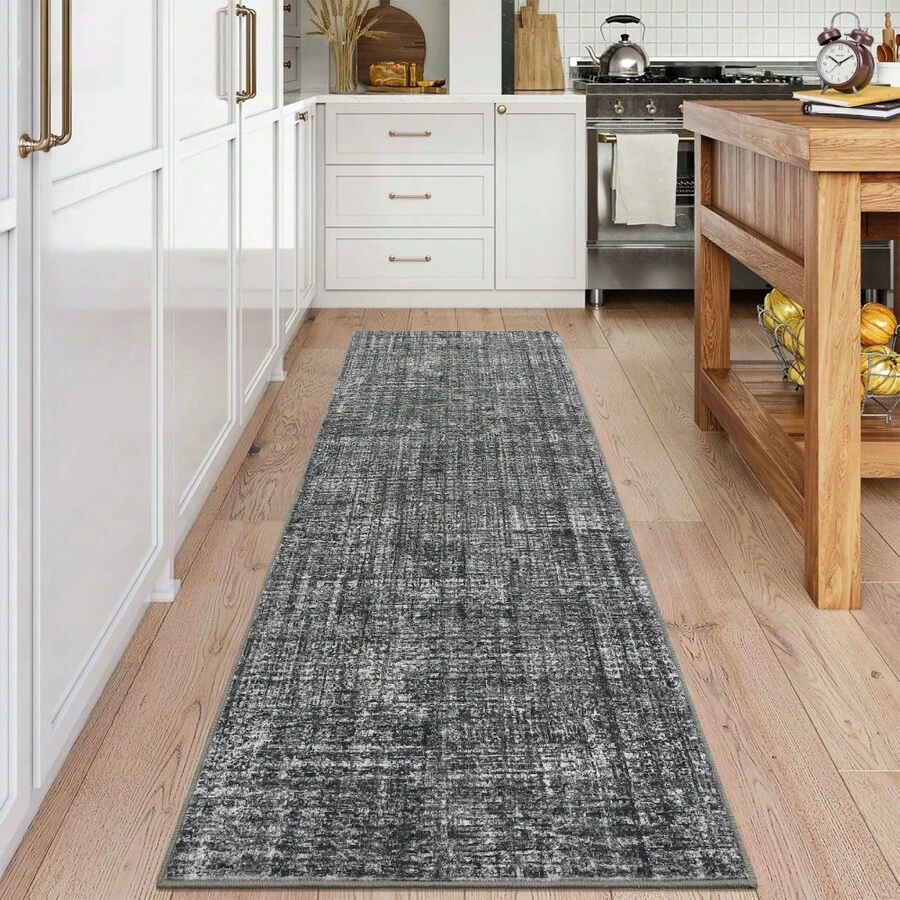 Modern Washable Solid Kitchen Printed Area Rug Easy To Clean Home Aesthetic Decor Carpet Stain Resistant Non Shedding Floorcover Low Pile Thin Soft Entrance Runner Rug Non Slip Bordered Mat Throw Rug For Living Room Dinning Room Bathroom Bedroom Laundry - 深灰色 - 查看 1