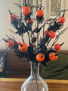 1/2/3pcs Halloween Branch Flashing Artificial Branch With Pumpkins Berries Black Vase Haunted House Gothic Floral Decoration Fake Berry Stem Vase For Home Indoor Party Vase Arrangement Decoration
