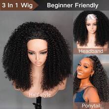 Uveous Kinky Curly Half Wig Human Hair 200% Density Put On And Go Glueless Wigs Human Hair 24 Inch Curly 3 In 1 Half Wigs For Women Drawstring Seamless Flip Headband Wig Beginner Friendly - Natural Black - 查看 3