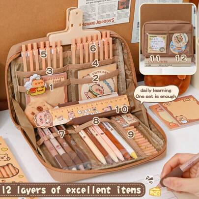 حافظة أقلام كابيبارا من HOVCEH، طقم قرطاسية كابيبارا، حافظة أقلام كابيبارا شفافة وجميلة مع حجرات، حافظة أقلام كابيبارا ذات سعة كبيرة، طقم قرطاسية متعدد الطبقات ذو سعة كبيرة اليوم الوطني