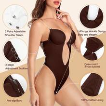 Backless Women Shapewear Bodysuit Built-In Bra U Plunge Tummy Control Shaper Thong Corset Lingerie Underwear Invisible Deep V Bras Under Wedding Dress - 巧克力棕 - 查看 2