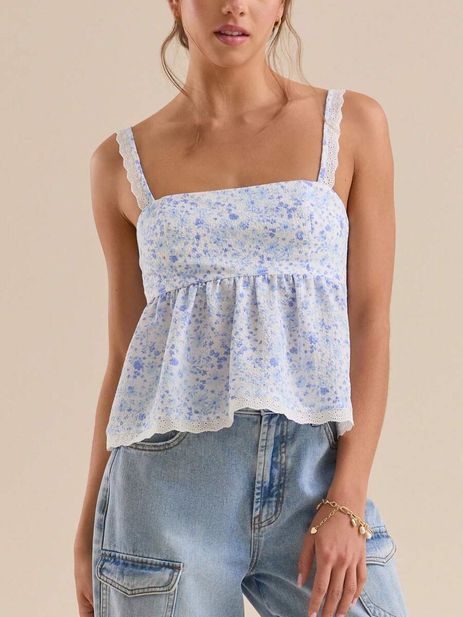 Women Lace Trim Shoulder Strap Top Floral Babydoll Top Sweet Slim Camisole Open Back Tank Tops Back Tie Strap Cami Tops Cute Crop Blouse For Summer Going Out Clothes - 藍色 - 查看 1