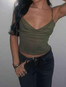 Women Y2k Cowl Neck Tank Top Low Cut Layered Bra Spaghetti Strap Cut Out Beaded Cami Shirt Summer Going Out Top - 軍綠色 - 查看 9