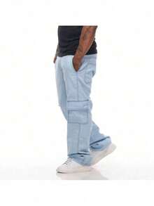 Men's Cargo Pants With Wide Pockets And Drawstring Waist, Ideal For Streetwear Maneuvers - 深色水洗藍 - 查看 1