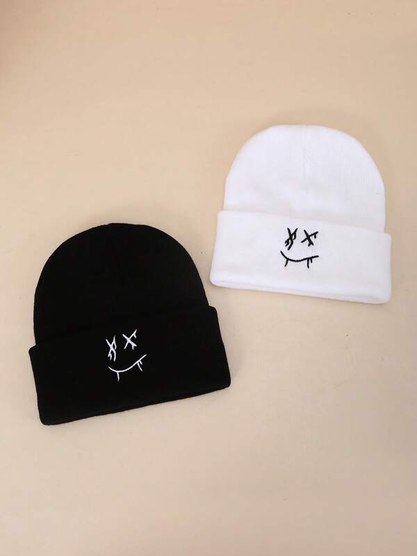 2pcs Embroidered Black & White Knit Beanie Hats, Warm