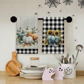 A 2pcs Set Of Autumn Thanksgiving Themed Towels, Designed With Pumpkin And Maple Leaf Pattern Printed Towels, Machine Washable, Heat-Resistant, Absorbent And Reusable, Suitable For Room Decoration, Kitchen And Bathroom Towels, Party Decoration, Home Decoration, Making It An Ideal Gift For Autumn And Thanksgiving.