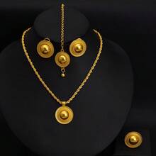 African Classic Jewelry Set, Women's Elegant Minimalist Jewelry, Golden Color Geometric Pendant Necklace, Earrings, Ring, Headchain, Saudi Arabia Bride Wedding Gift - A - View 1