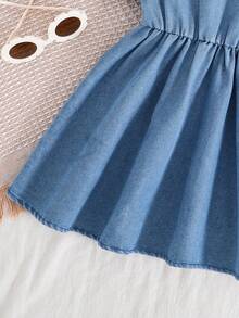 女婴可爱优雅花卉刺绣彼得潘领牛仔泡泡袖连衣裙 - 藍色 - 查看 7