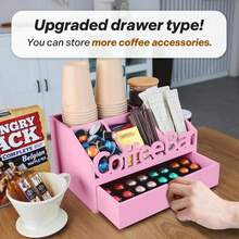 ADDFIT HOUSE Coffee Bar Organizer For Countertop - Wood Coffee Pods Holder Storage Basket, Essential Coffee Bar Accessories For Home And Office, Mini Coffee Bar, Coffee Condiment Storage Organizer - Pink - View 2