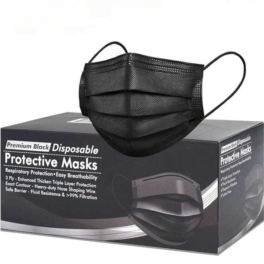 100 Pcs Face Masks For Travel - Compact 3-Ply Protection For Flights, Hotels & Sightseeing With Flexible Ear Loops (Black) - 黑色 - 查看 1