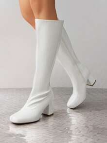 Women's Gogo Boots Wide Calf , Square Toe Chunky Side Zip Fashionable Knee High Boots For Women - 白色 - 查看 4