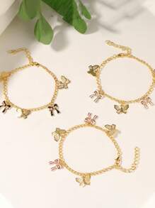 3件套可爱简约彩色蝴蝶结和蝴蝶吊坠手链套装