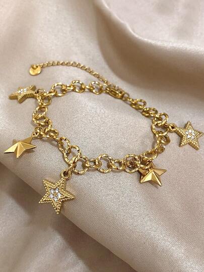 1Pc Sparkling Star Bracelet Stainless Steel Chain With Cubic Zirconia, Gold Color& Silver Color Birthday Party Birthday Holiday Travel Gift For Women Girlfriend Couples