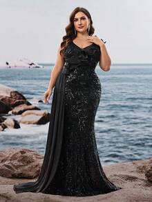 Vestido de noche de lentejuelas con volantes de sirena formal de BluePlum, vestido de fiesta elegante de longitud hasta el piso con cuello en V para damas, vestido de gala vintage con bordados y parches brillantes, vestido de boda modesto y elegante sin mangas para invitados